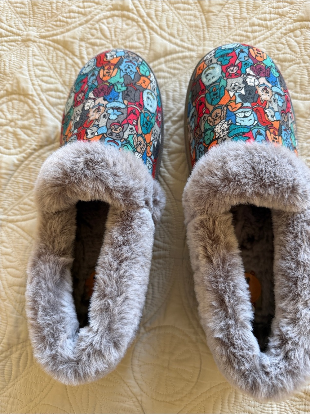 Plush-Lined Multicolor Dog Print Women's Slip-On Slippers